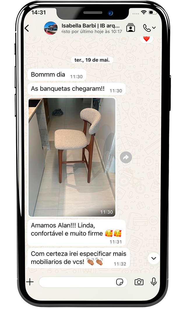 Feedback real de arquiteta parceira da Acervo Raízes no WhatsApp